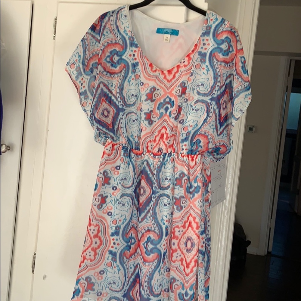 A Buttons sleeveless dress in coral and blue!